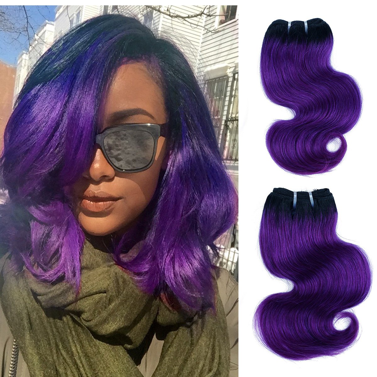 FASHION LINE 8" Human Hair Bundles Ombre Two Tone Brazilian Virgin Hair Extensions Body Wave 50g Bundles (8/8/8/8 Inch, 1b/purple)