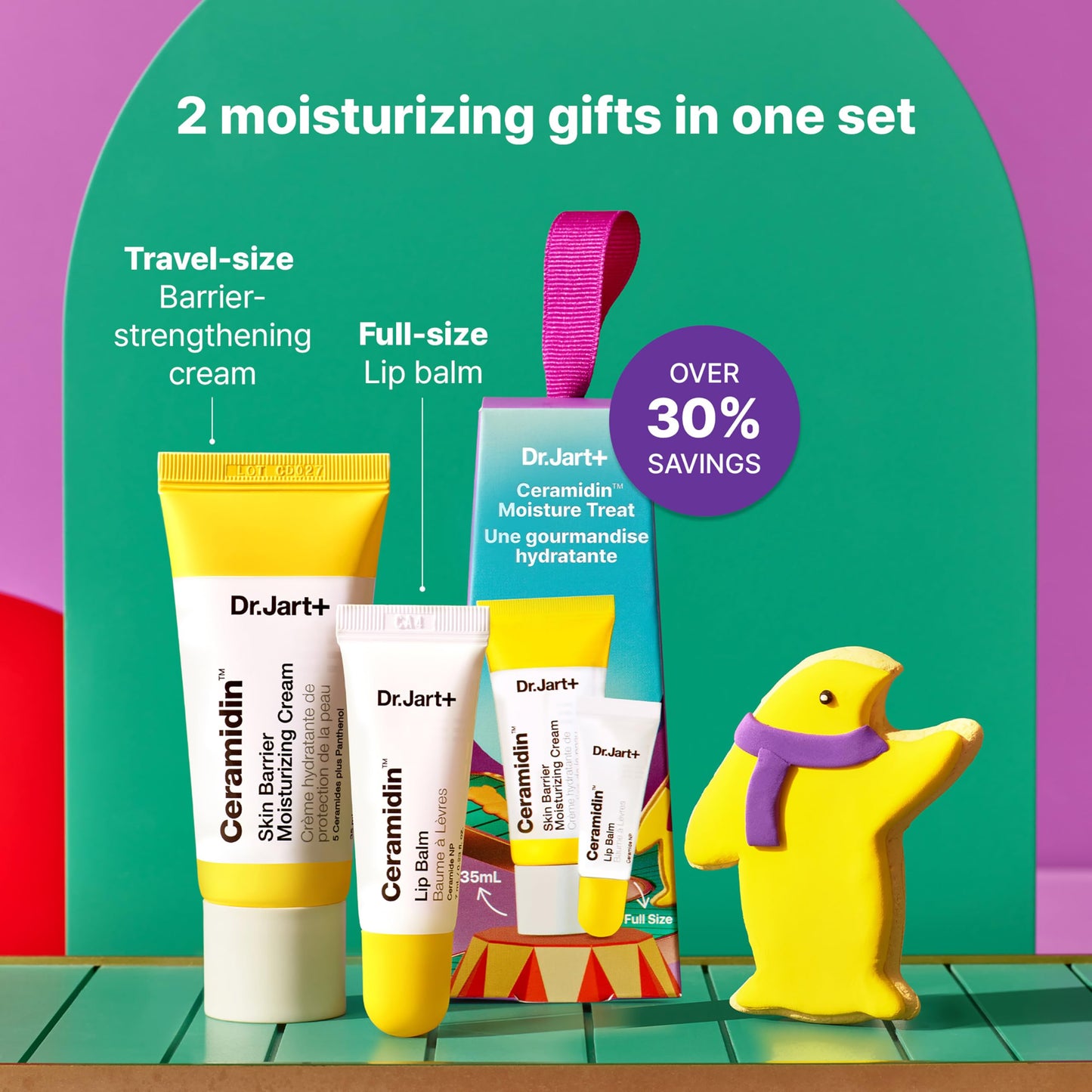 Dr.Jart+ Ceramidin Moisture Treats Korean Skin Care Ornament Gift Set, Travel Size Ceramide Face Moisturizer and Full Size Lip Balm for Hydration and Skin Barrier Repair, Limited Edition Holiday Set