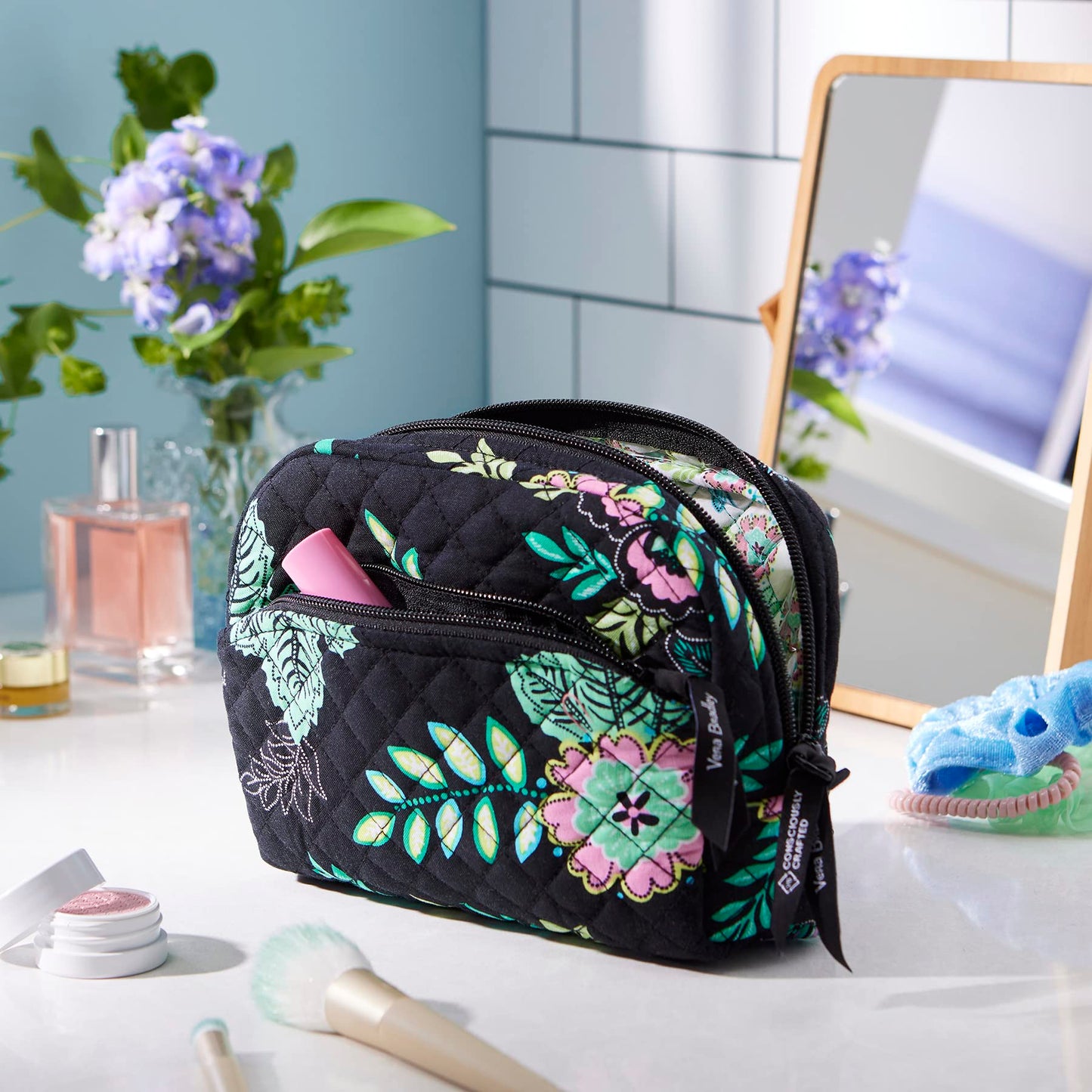 Vera Bradley Women's Cotton Medium Cosmetic Makeup Organizer Bag, Soft Sky Paisley, One Size