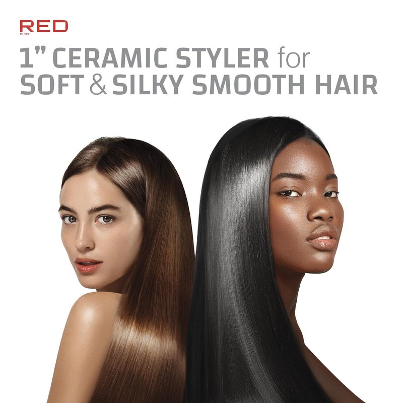 Red by Kiss 1" Ceramic Styler Flat Iron, Up to 450 F Variable Heat Settings for Silky Smooth Hair, Professional Ceramic Plates, Tangle-Free Swivel Cord (Pink)