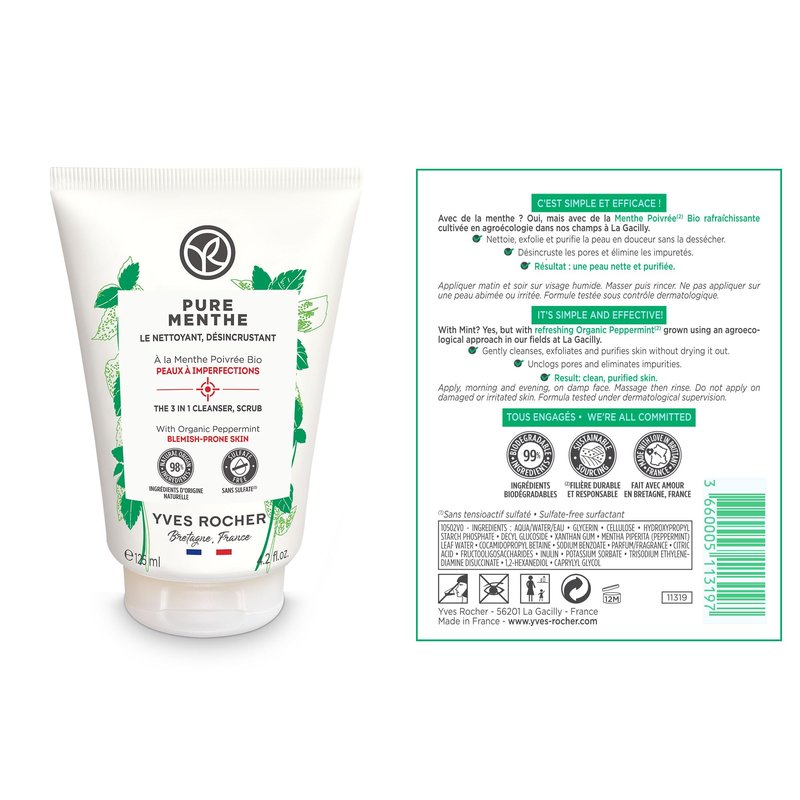 Yves Rocher The 3 in 1 Cleanser, Scrub & Blackheads – Pure Menthe | Face Cleanser to Unclog & Purify Pores | 4.2 fl oz
