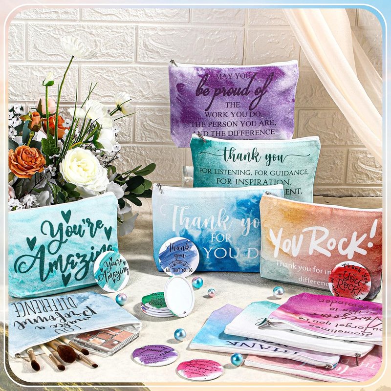 Employee Appreciation Gift for Women - Inspirational Canvas Makeup Bag with Compact Mirror | 60 Pcs, Pastel Color