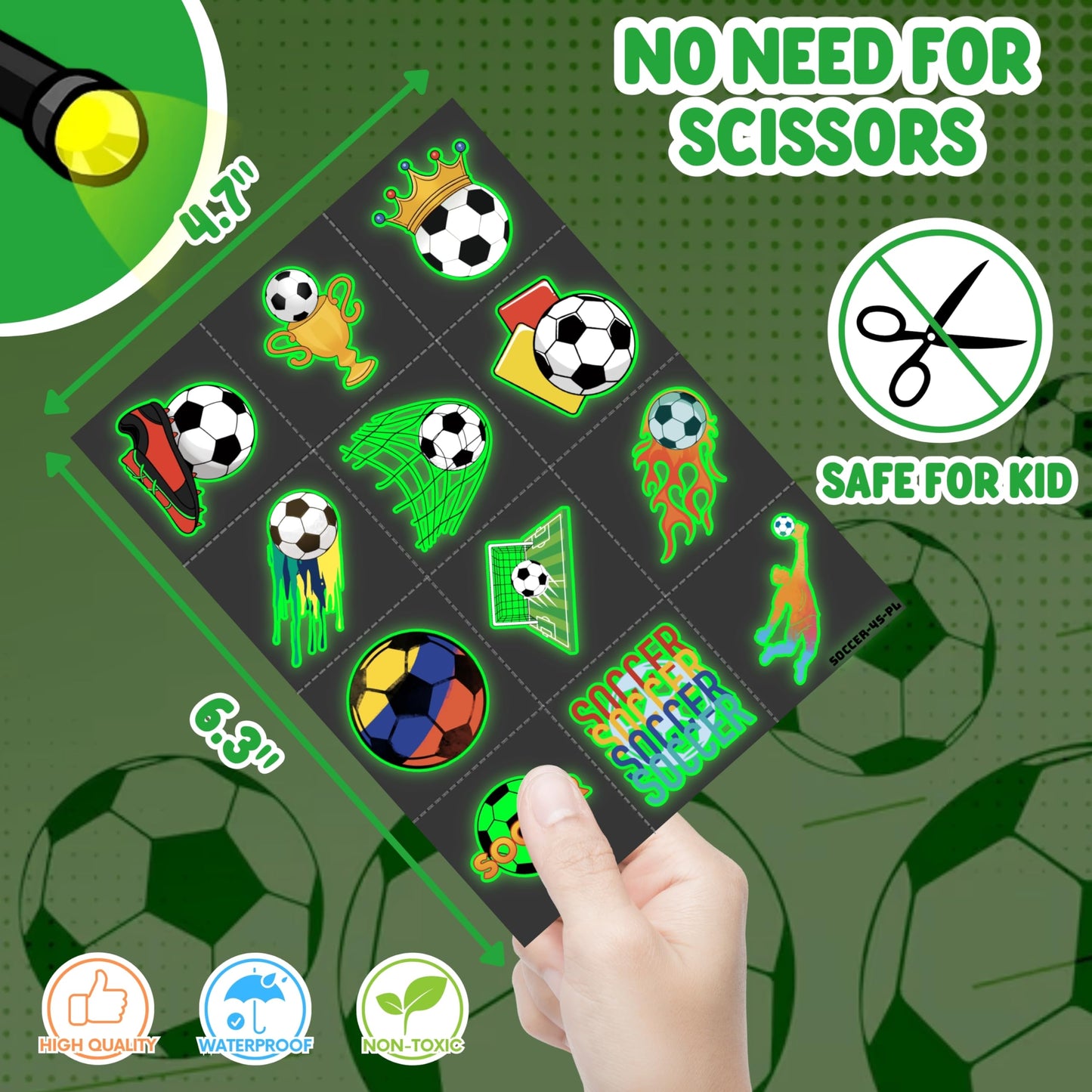 72 PCS Soccer Party Favors – 48 PCS Luminous Tattoos & 24 PCS LED Finger Lights Combo – Birthday Goodie Bag Fillers, Party Supplies, Gifts Light Up Toys Glow In The Dark for Boys and Girls (Soccer 1)