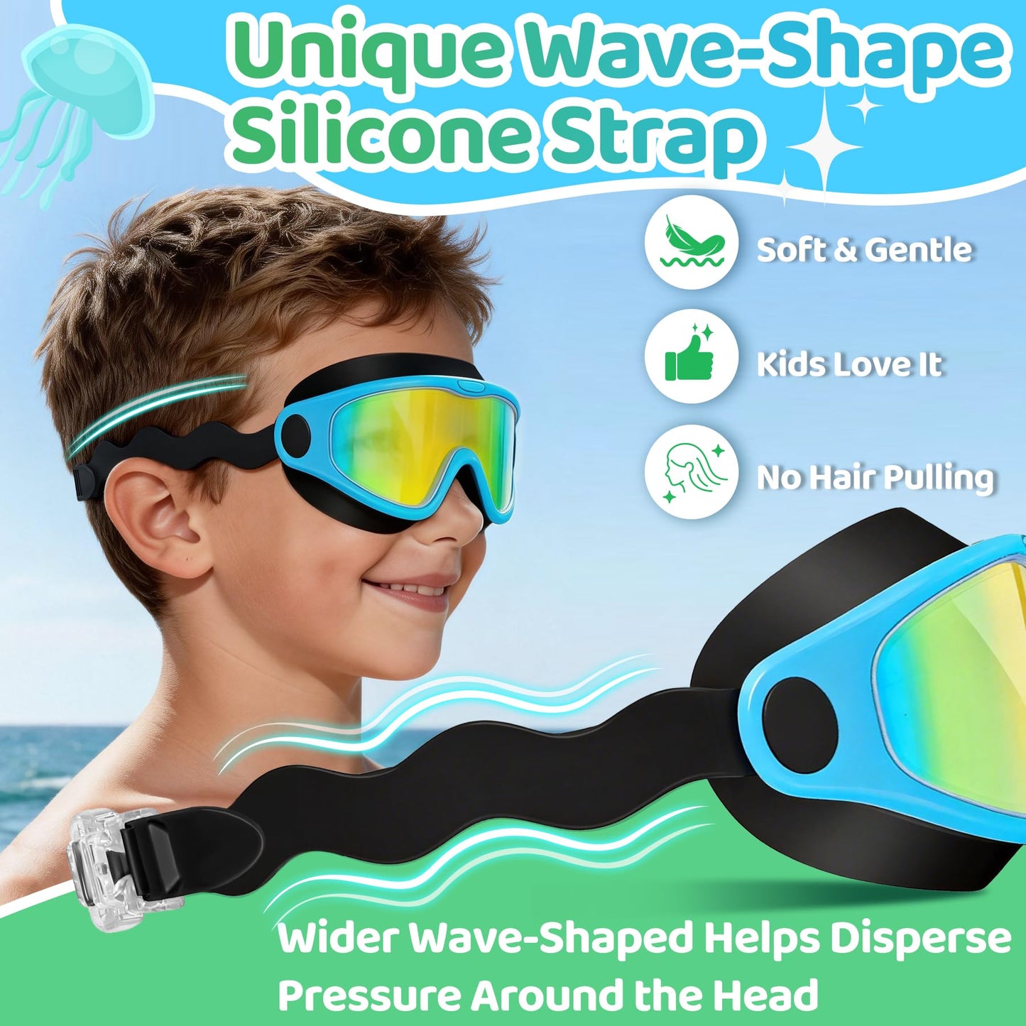 Vvinca Kids Swim Goggles for Boys Girls Age 3-15, Soft Wave-Shape Strap (No Hair Pulling), 180° Wide View Anti Fog/UV Waterproof Swimming Goggles, Leak Free Silicone Pool Goggle for Toddler Youth