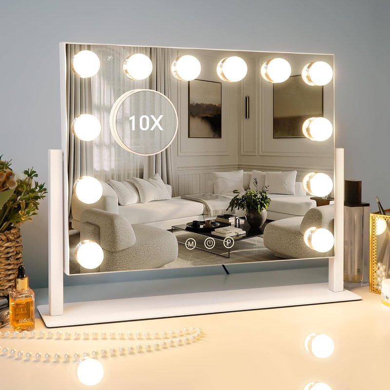 Vanity Mirror with Lights - 15.7"x11.8" LED Makeup Mirror | 10X Spot Mirror, Dimmable Touch Control, 360° Rotation, White
