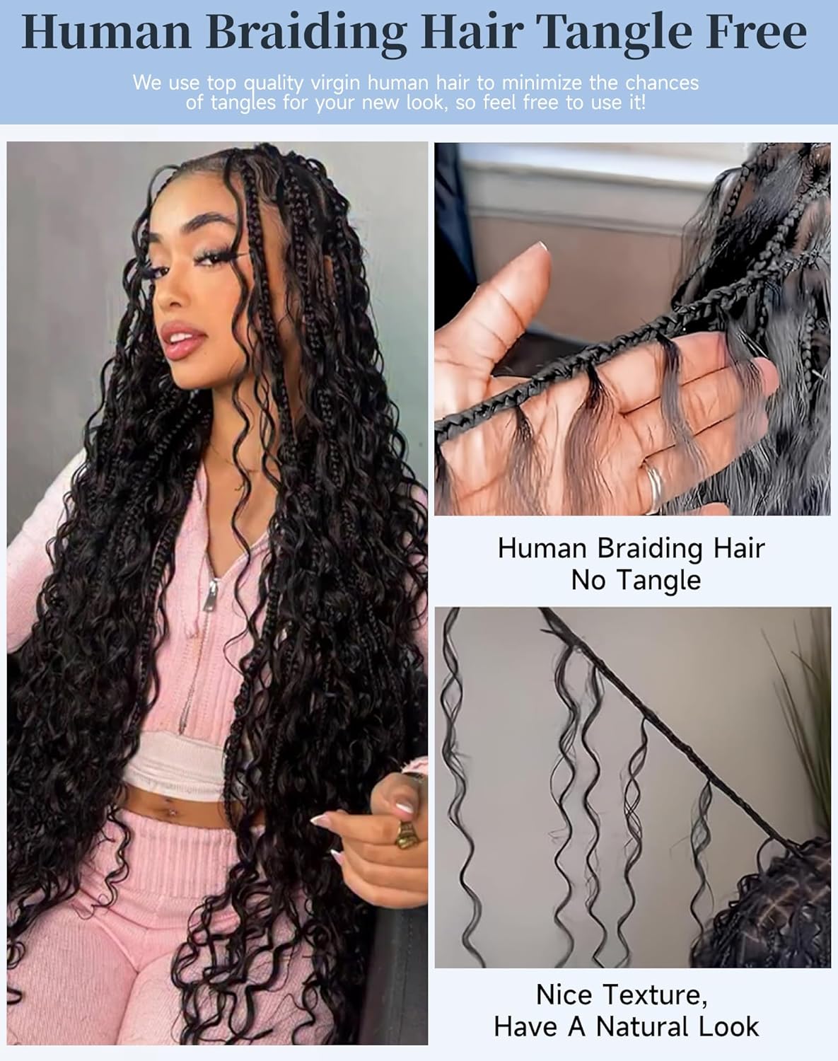 22 Inch Human Braiding Hair - Deep Wave Boho Braids, 110g | 100% Unprocessed Brazilian Virgin Hair Extensions, Natural Color, 4 Bundles