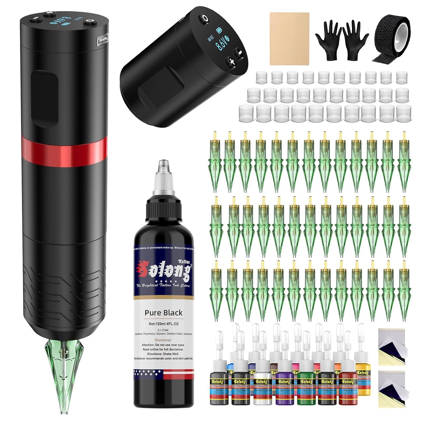 Wireless Tattoo Gun Kit - Smart Screen, 40 Tattoo Cartridge Needles, 120ML Black Ink | Complete Tattoo Set