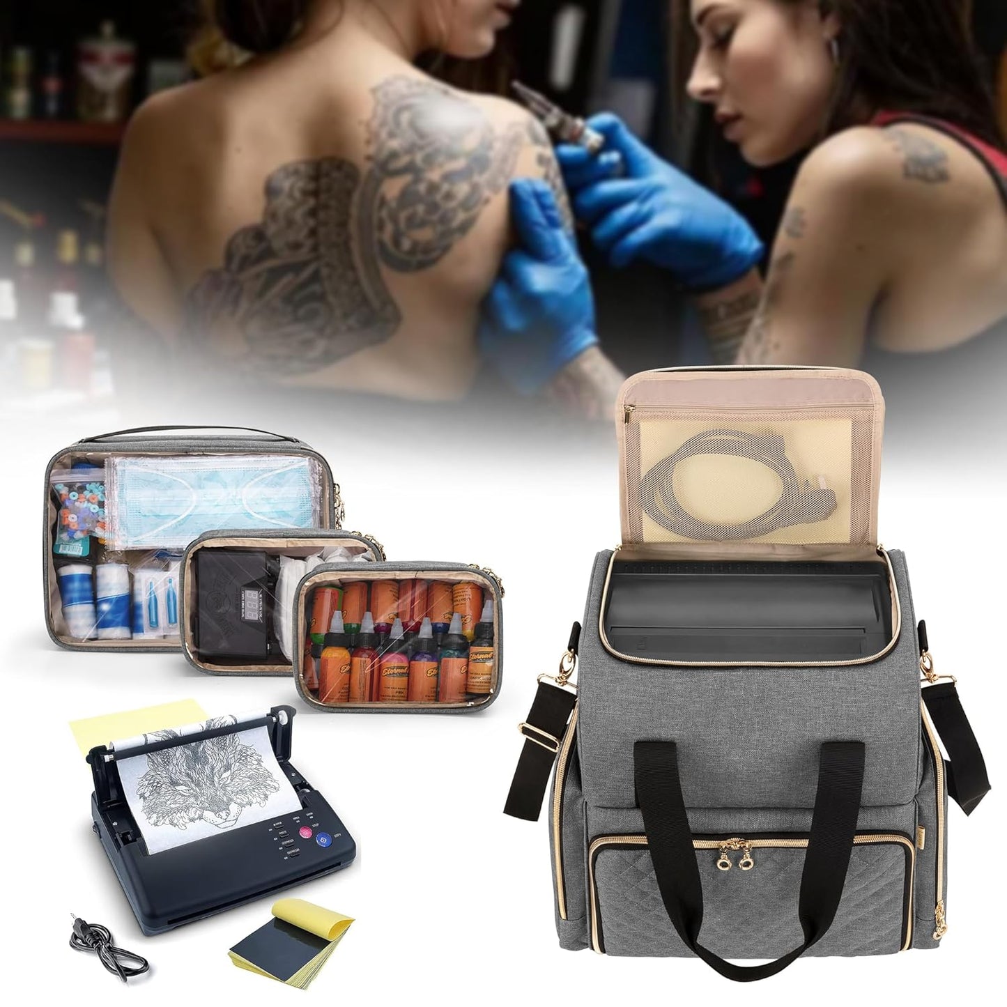 LUXJA Large Tattoo Travel Case - Organizer with 3 Removable Pouches for Tattoo Supplies | Gray