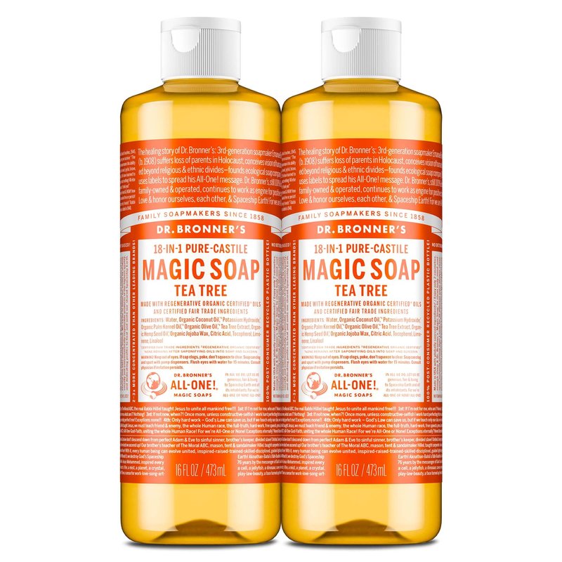 Dr. Bronner's Pure-Castile Magic Soap Liquid (Tea Tree, 16 Ounce, 2-Pack)-Made with Regenerative Organic Certified Oils, 18-in1 Uses: Face, Hair, Hand & Body Soap, Laundry- Concentrated, Vegan