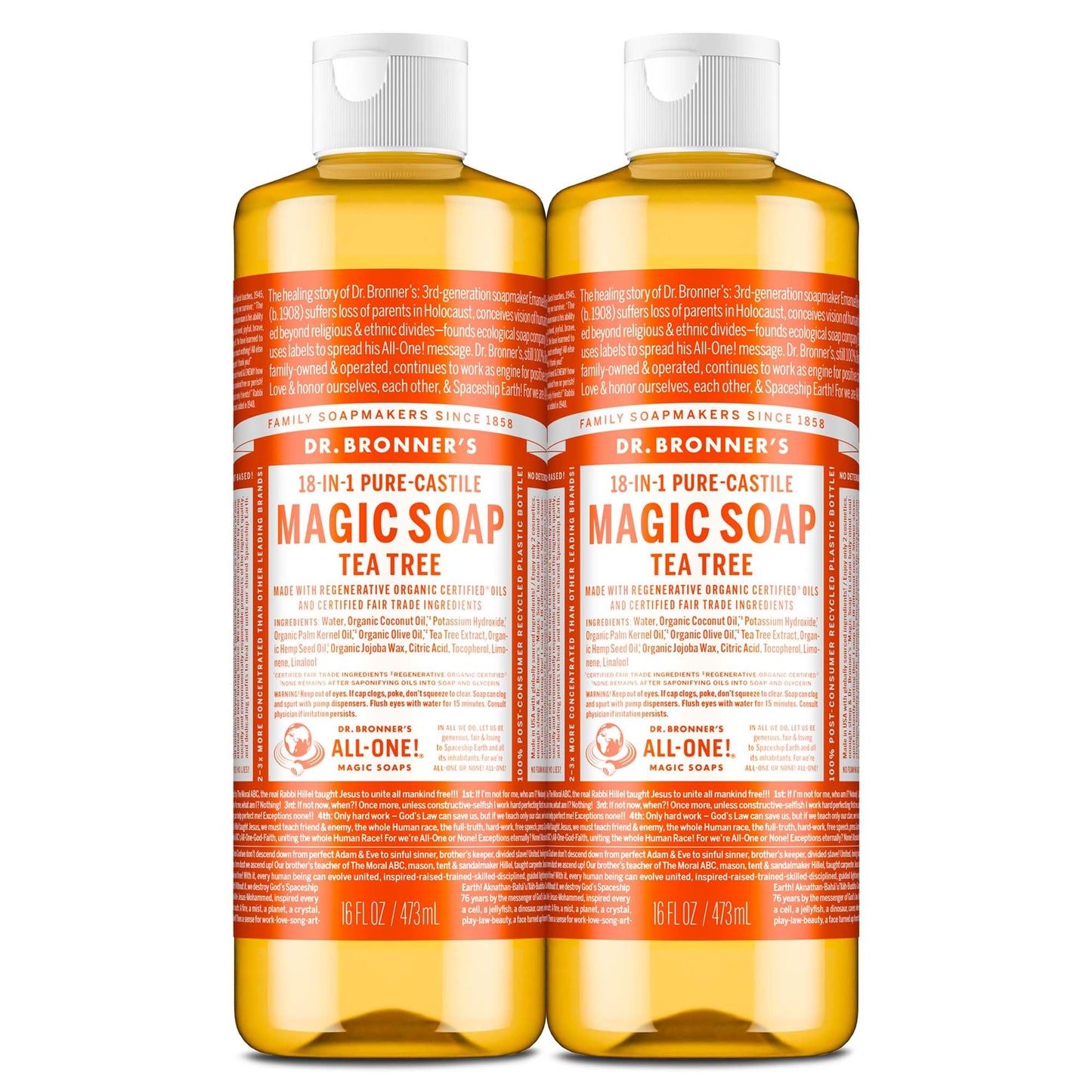 Dr. Bronner's Pure-Castile Magic Soap Liquid (Tea Tree, 16 Ounce, 2-Pack)-Made with Regenerative Organic Certified Oils, 18-in1 Uses: Face, Hair, Hand & Body Soap, Laundry- Concentrated, Vegan