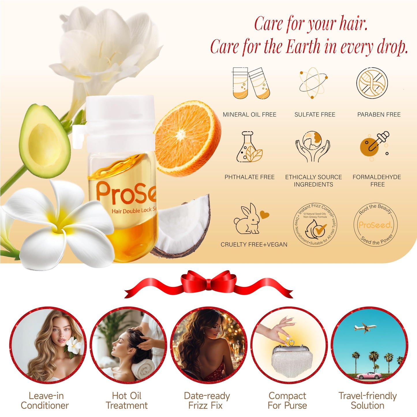 Proseed Hair Vitamins, 3-in-1 Solution: Hot Oil Treatment & Leave-in Serum &Perfumed Care for Frizzy, Dry, Damaged Hair, with Moroccan, Avocado, Coconut Oil, Vitamin C, E, B5 & Biotin (40 Caps)