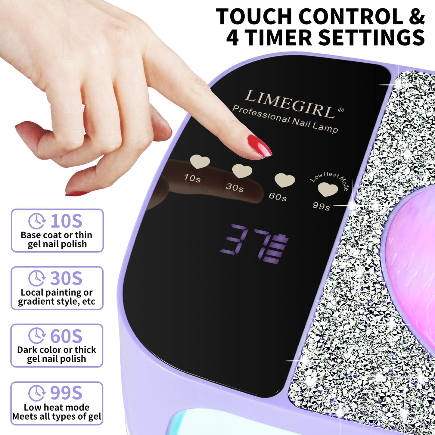 LIMEGIRL UV LED Nail Lamp Kit for Gel Polish Professional Fast Curing Purple Dryer Light Set with 4 Timer Settings Cordless Rechargeable Nail Art Cure Machine for Manicure Pedicure at Home and Salon