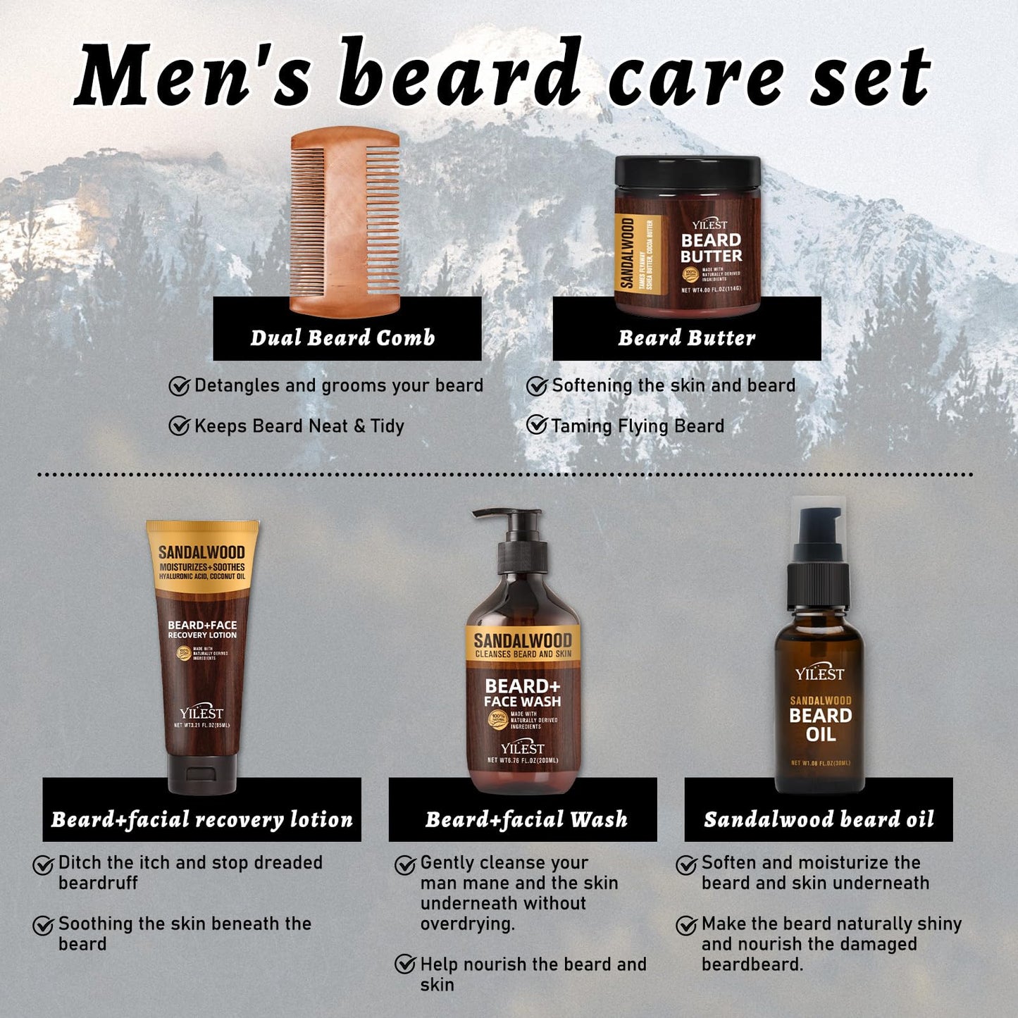 Sandalwood Beard Care Set – The Perfect Father's Day Gift | Nourish Follicles for Elastic Growth, Deeply Condition with Butter & Oil, Soothe Skin with Recovery Lotion & Gentle Wash