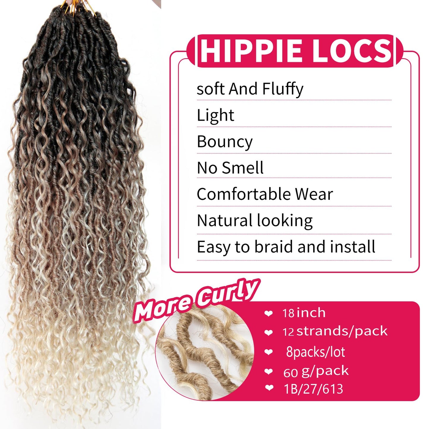 Goddess Locs Crochet Hair 18Inch 8Packs Crochet Locs,Boho Faux Locs With Curly Ends River Hippie Locs Bohemian Locs Crochet Braids(1B/27/613, 18inch(Pack of 8))