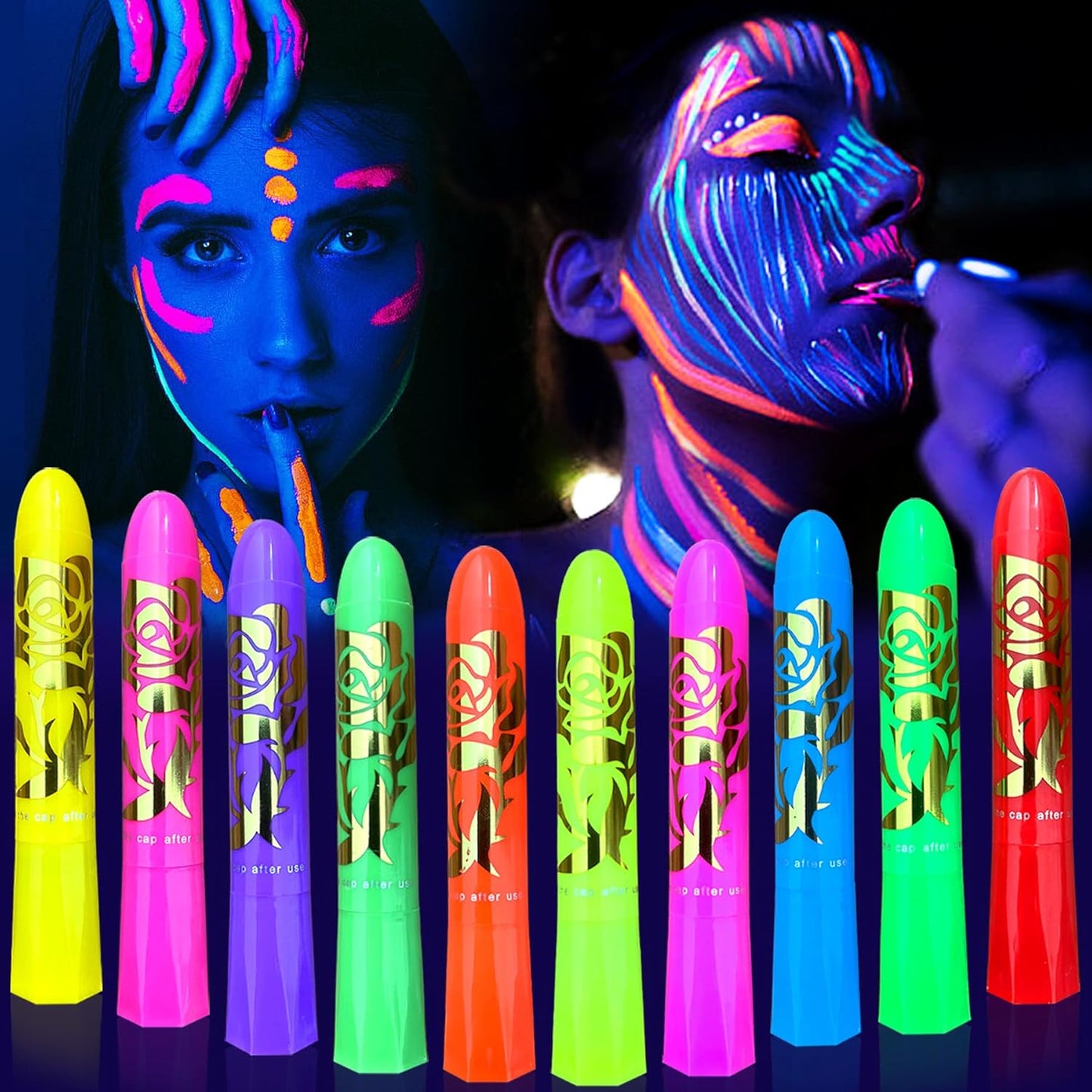 Glow in The Dark Face Body Paint Kit - Neon Makeup Sticks for Halloween | 10 Color Set