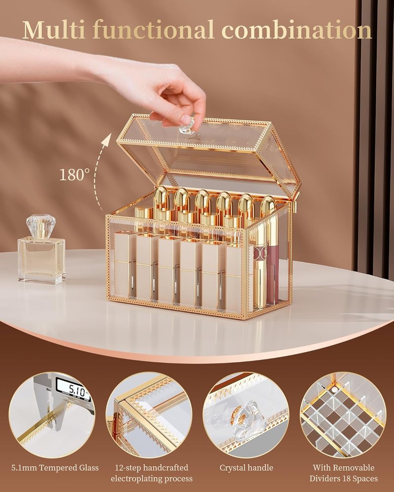 Lipstick Organizer - Luxury Tempered Glass Holder for 18 Lipsticks & Nail Polish | Removable Dividers, Gold
