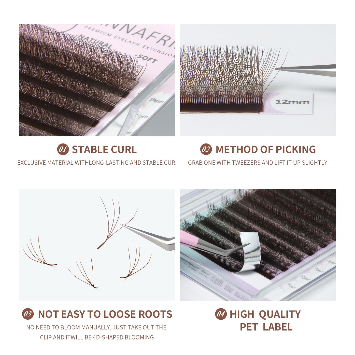 ANNAFRIS 4D Brown Premade Fan W Shape Eyelash Extensions 0.07 C Curl 8-15mm Mix Volume Self Fanning False Lashes Makeup Supplies Professional Use Lash Extension(0.07 C, 8-15mm Mix)