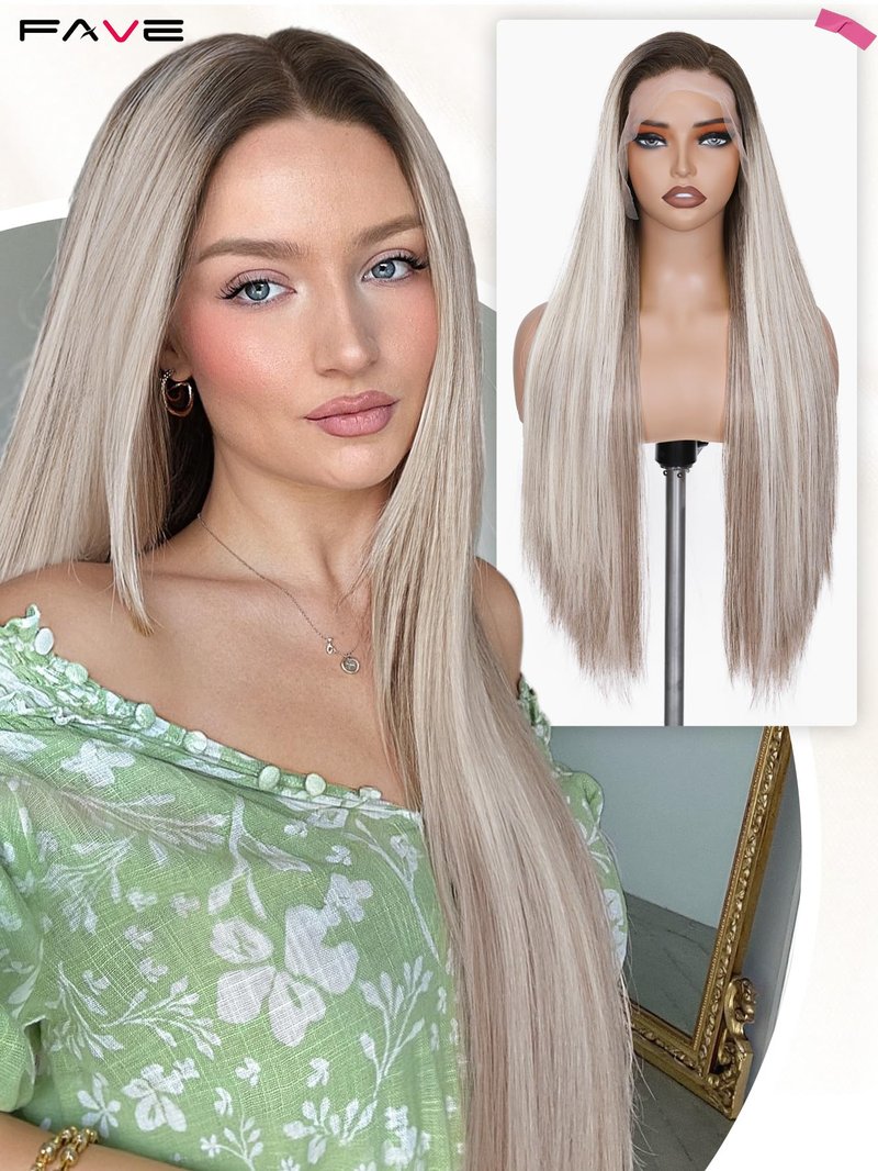 FAVE 13x4 HD Lace Front Wig 28" Ombre Wig Ash Blonde with Brown Wig Long Straight Synthetic Hair Pre-Plucked Hairline Heat-Resistant Glueless Lace Front Wigs for Women