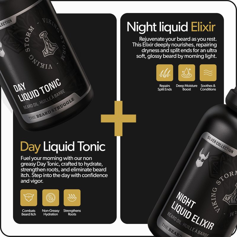 The Beard Struggle Tonic + Elixir Beard Oil Bundle - Silver Collection - Grooming Beard Oil - Softens, Moisturizers, and Strengthens Beard Growth - Pack of 2, Viking Storm