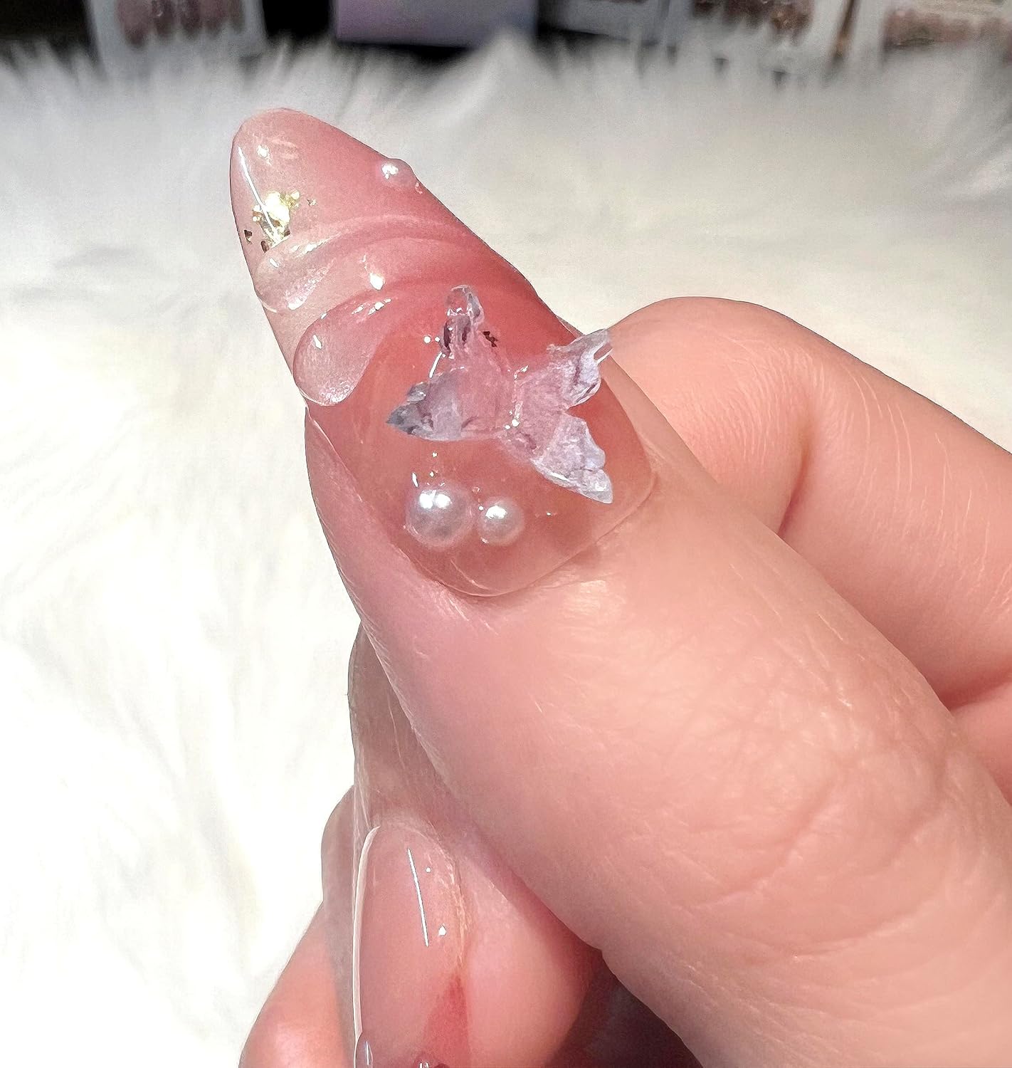 3D Sea Shell Press-On Nails - Handmade Medium Almond Beach Nail Art with Butterflies (L Size)