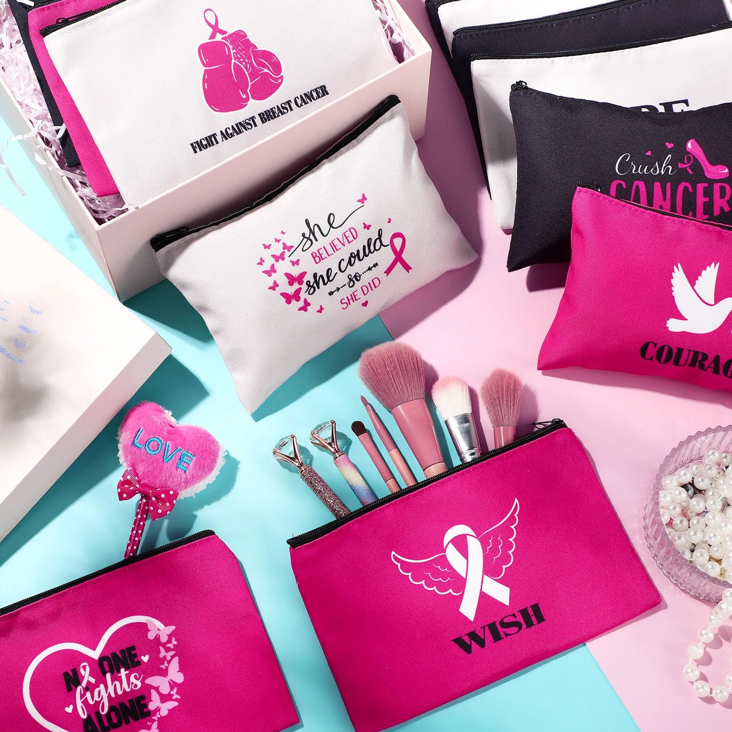 Xuniea Breast Cancer Awareness Bag Pink Ribbon Travel Makeup Pouch Breast Cancer Cosmetic Pouch Portable Canvas Breast Cancer Gift Bag for Vacation Travel Women Breast Cancer Awareness Party (24 Pcs)