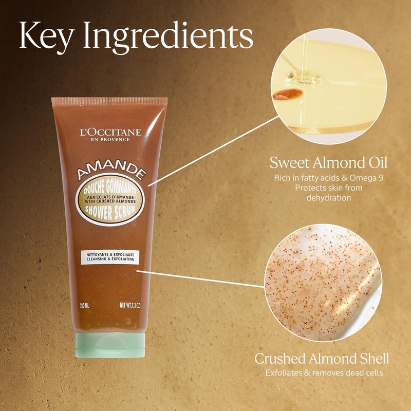 L’Occitane Almond Shower Scrub, 2-In-1 Exfoliating Body Wash with Nourishing Oil Removes Dead Skin Cells & Cleanses for Smooth, Soft & Radiant Skin