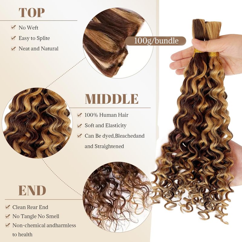 Curly Ombre Braiding Hair 100G 18 Inch Water Wave Honey Blonde with Brown Braiding Hair 4/27 Highlight Curly Bulk Human Hair Bohemian Blonde Highlight Human Bariding Hair for Boho Braids 2Bundles/Pack
