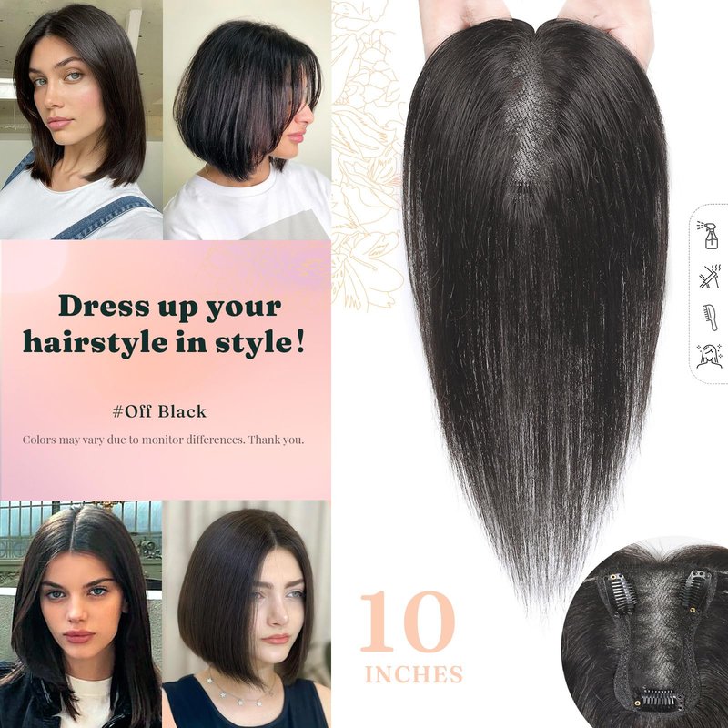 SHEIRIS Hair Toppers for Women Real Human Hair Toppers with Bangs 4.3x3.2 Inch Upgrade Swiss Lace Base Human Toppers for Women with Thinning (#Natural Black, 10inch)