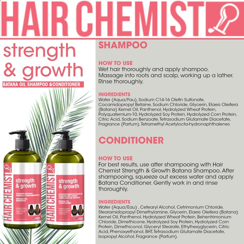 Hair Chemist Strength & Growth Batana Oil Shampoom Conditioner Set 33.8 oz. & Hair Oil 7.1 oz. (3-PC Set) - Batana Shampoo and Conditioner for Hair Growth, Thickening and Strength