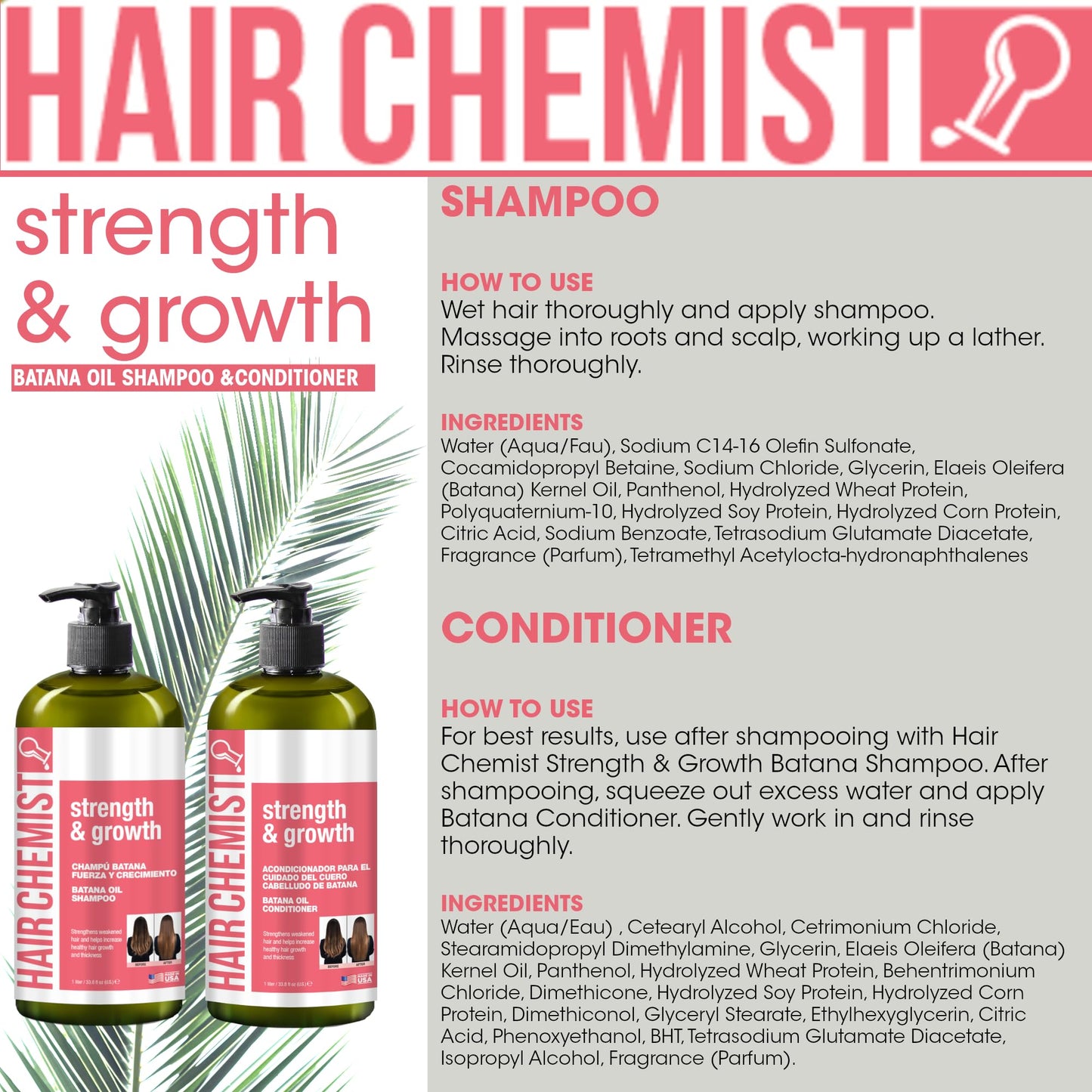 Hair Chemist Strength & Growth Batana Oil Shampoom Conditioner Set 33.8 oz. & Hair Oil 7.1 oz. (3-PC Set) - Batana Shampoo and Conditioner for Hair Growth, Thickening and Strength