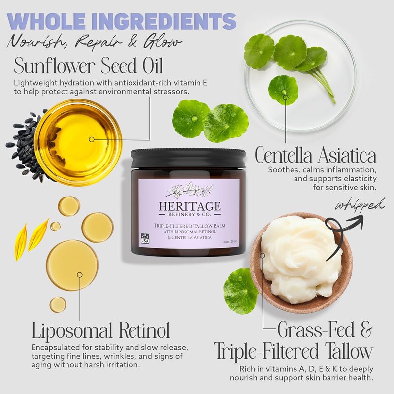 Grass Fed Beef Tallow Face Cream - Anti-Aging Retinol Moisturizer for Sensitive Skin | 2 oz Made in USA