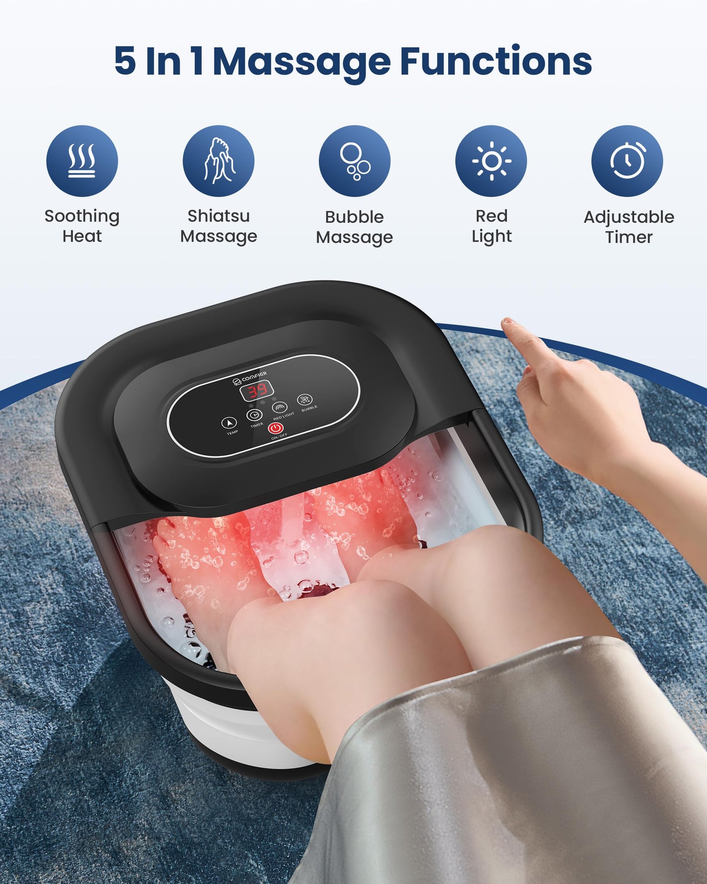 COMFIER Collapsible Foot Spa Bath Massager with Heat, Pedicure Foot Spa with Bubbles, Red Light, Pumice Stone and Shiatsu Massage Rollers, Heated Bath Spa for Relaxation and Stress Relief