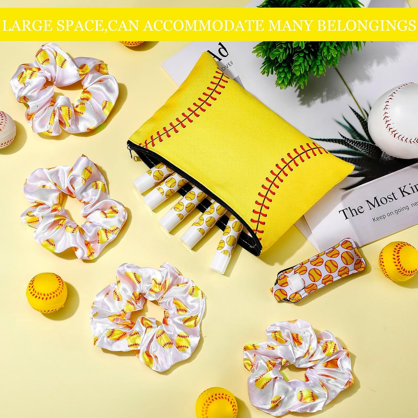 Softball Team Gifts - 48 Pcs Set with Makeup Bags, Hair Scrunchies & Lip Balms | Perfect Accessories for Girl Sports Teams