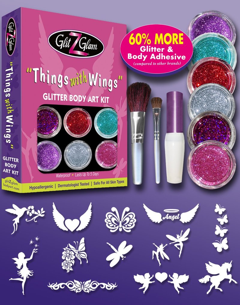 Glitter Tattoo Kit THINGS WITH WINGS - HYPOALLERGENIC and DERMATOLOGIST TESTED! - with 6 Large Glitters & 12 Stencils for Temporary Tattoos