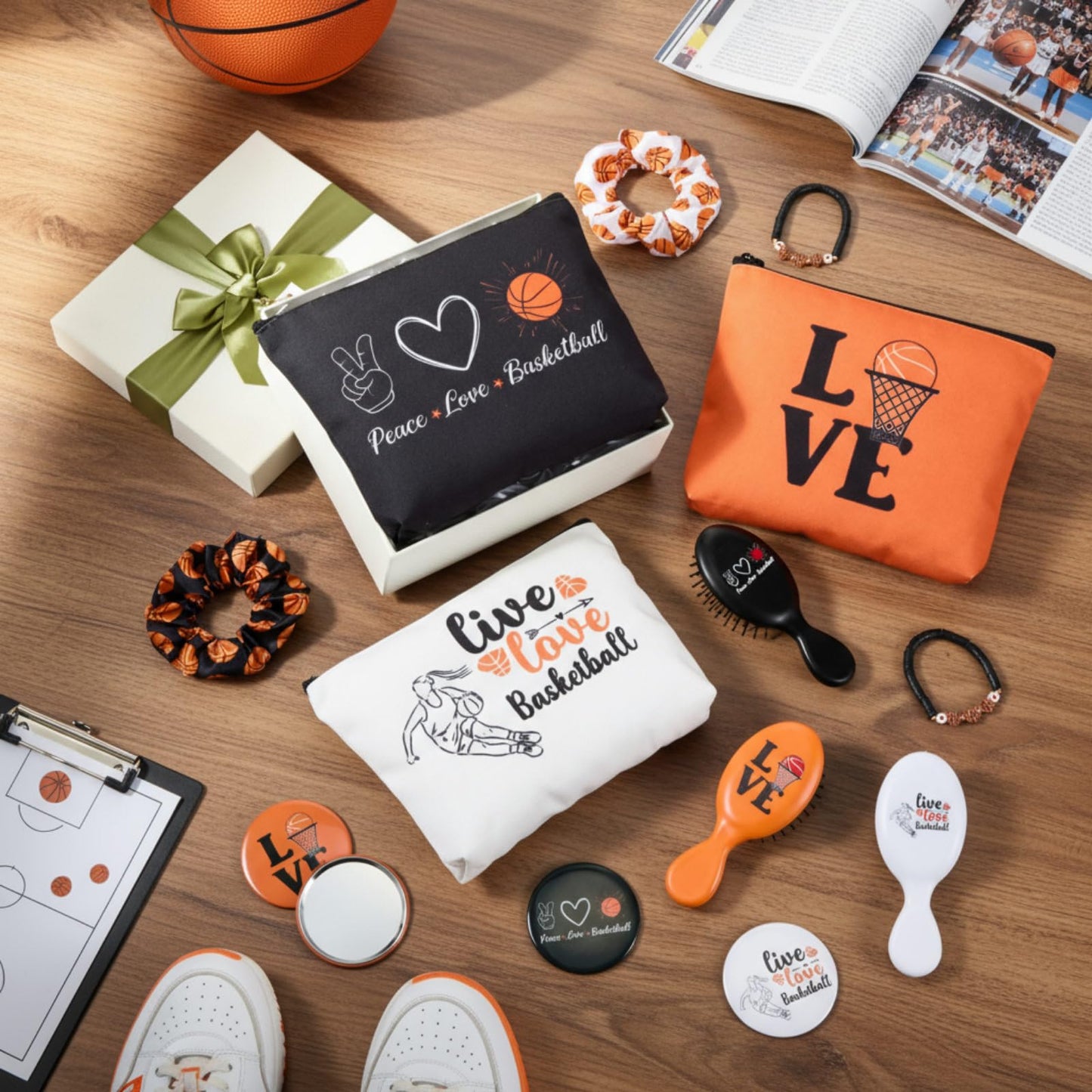 Baderke 60 Pcs Basketball Team Gifts for Women Basketball Party Favors Include Cosmetic Bags Makeup Mirror Hair Scrunchies Detangler Brush Bracelets for Women Players Sports Team Accessories