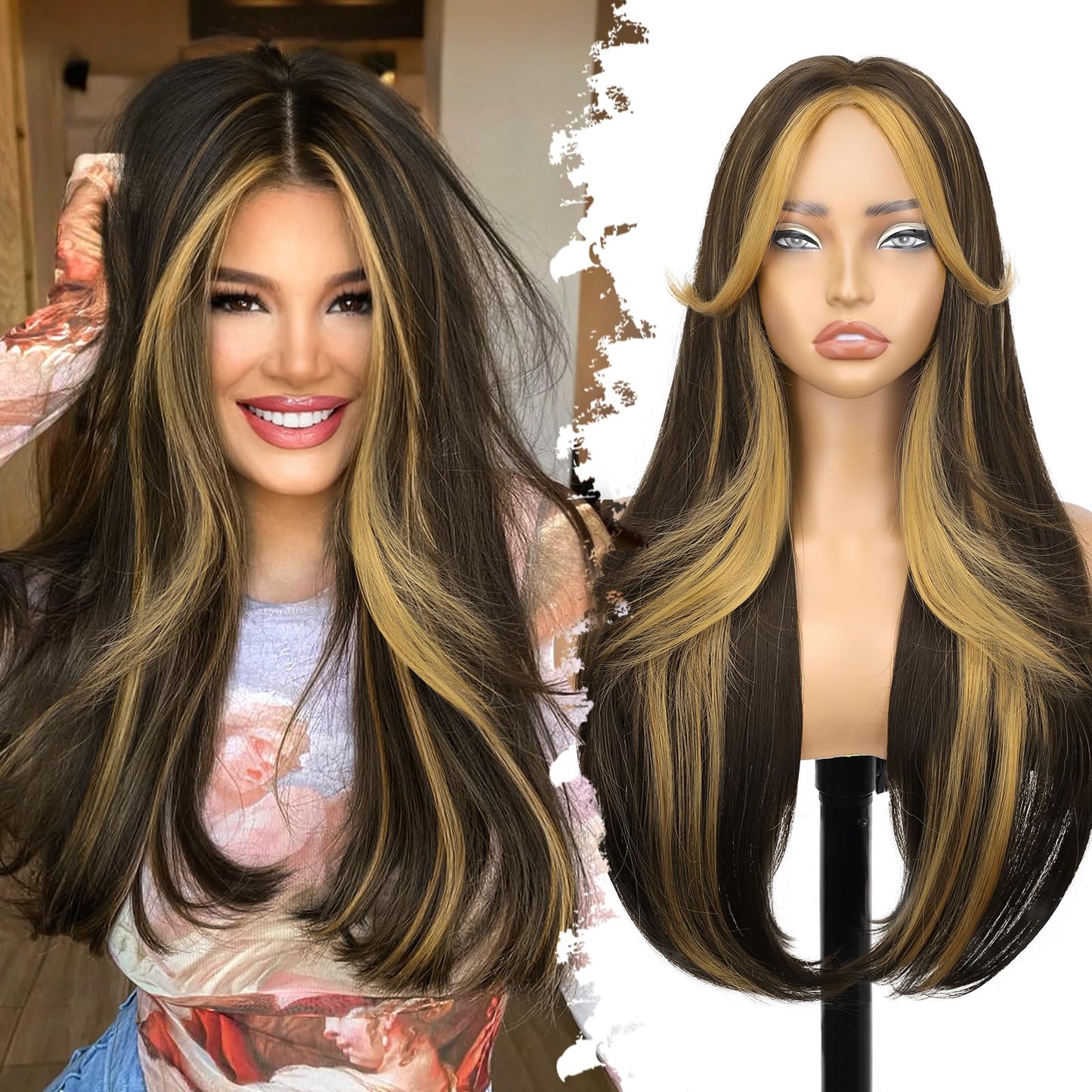 Eawwii Ombre Light Brown With Blonde Glueless Wigs for Women Pre Cut Synthetic Lace Hairline Long Layered Straight Hairstyle 26 Inch