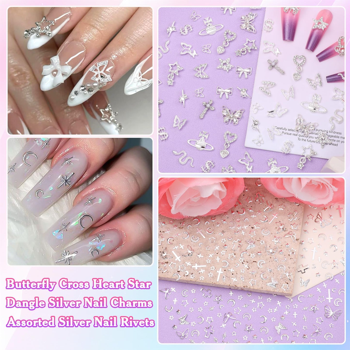 Silver Nail Charms, 320 Pcs Cross Dangle Star 3D Alloy Nail Gems and Charm, Butterfly Bows Star Planet Nail Art Charms, Silver Nails Rivets Charms for Nails DIY Design Y2K Supplies