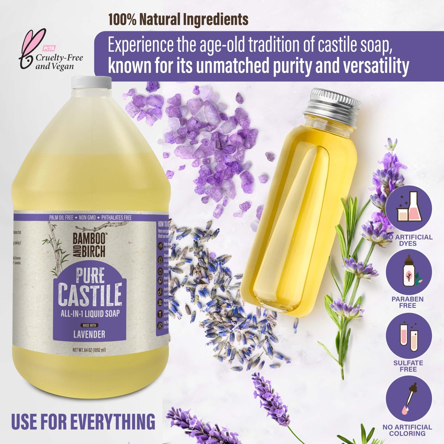 BAMBOO AND BIRCH Pure Castile Soap Liquid, Lavender, 64 oz