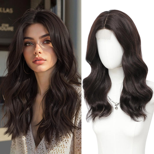 MORICA Dark Brown Wigs for Women 18 Inch Middle Part Medium Length Short Curly Wavy Wigs,Natural Synthetic Hair Womens Wigs for Daily Party/Halloween Use