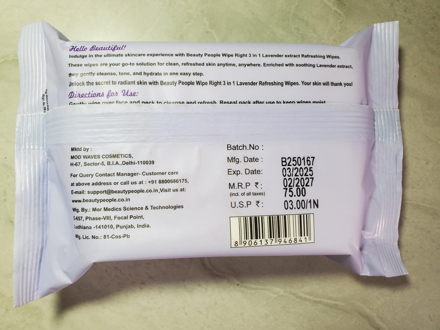 Beauty People Wipe Right 3 in 1 Lavender Refreshing Wipes, Cleansing, Hydrating, Makeup Removing Face Wipes