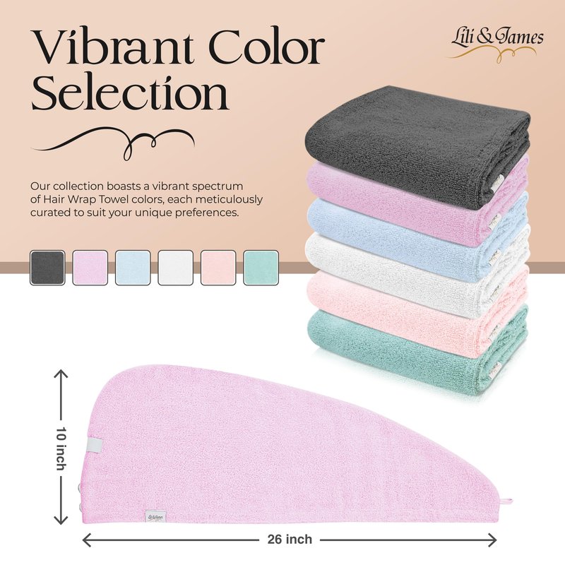 Lili&James 100% Cotton Hair Towel Wrap for Women & Kids – 420 GSM Quick Dry Hair Turban with Double Button Loop, Anti Frizz Non Microfiber Hair Drying Towel for Curly, Long & Thick Hair (Lilac+Pink)