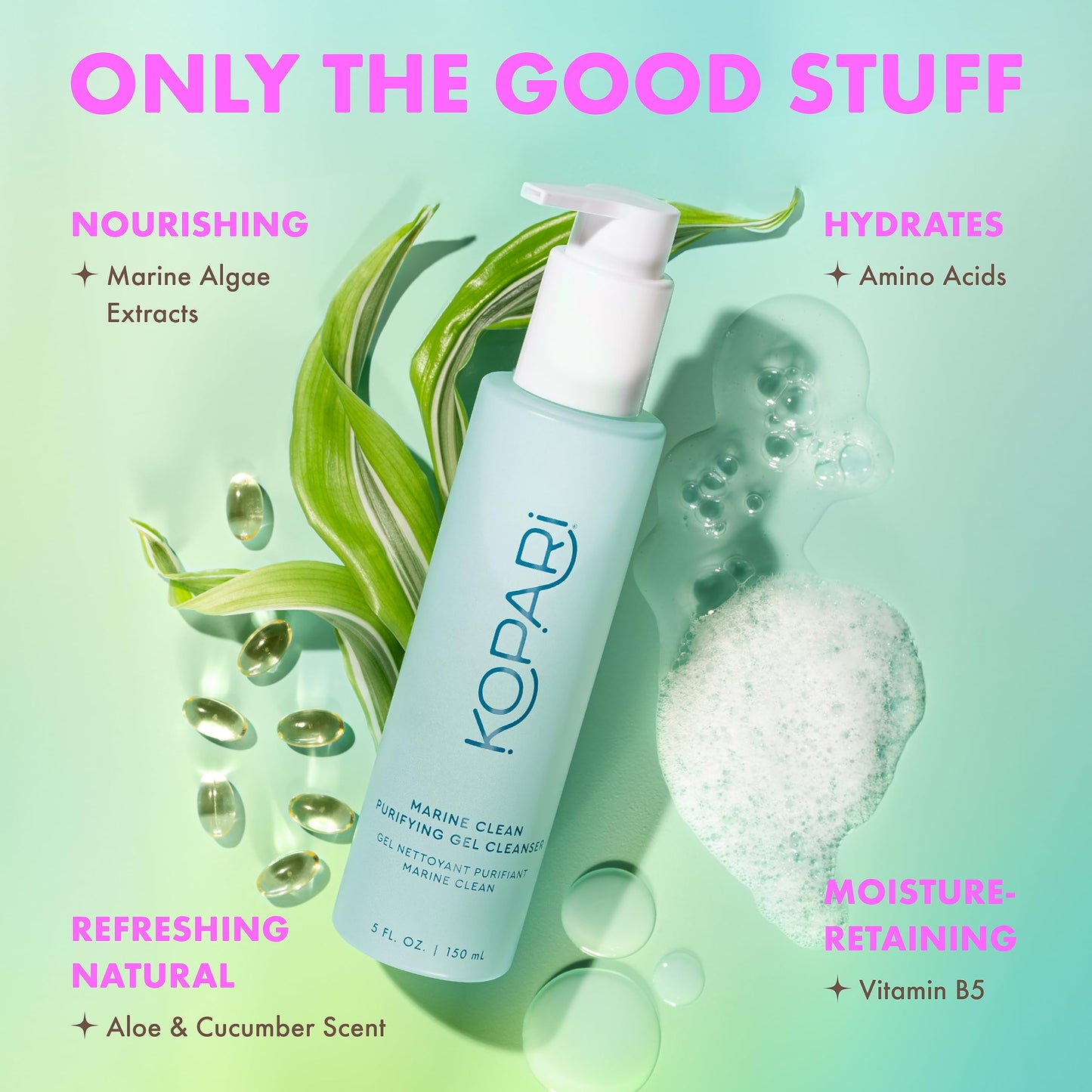 Kopari Marine Clean Purifying Gel Cleanser, Infused with Amino Acids & Vitamin B5, Dual-Action Gel-to-Foam Cleanser, Gentle and Nourishing, 5 oz | New Look, Same Formula, Product Packaging May Vary