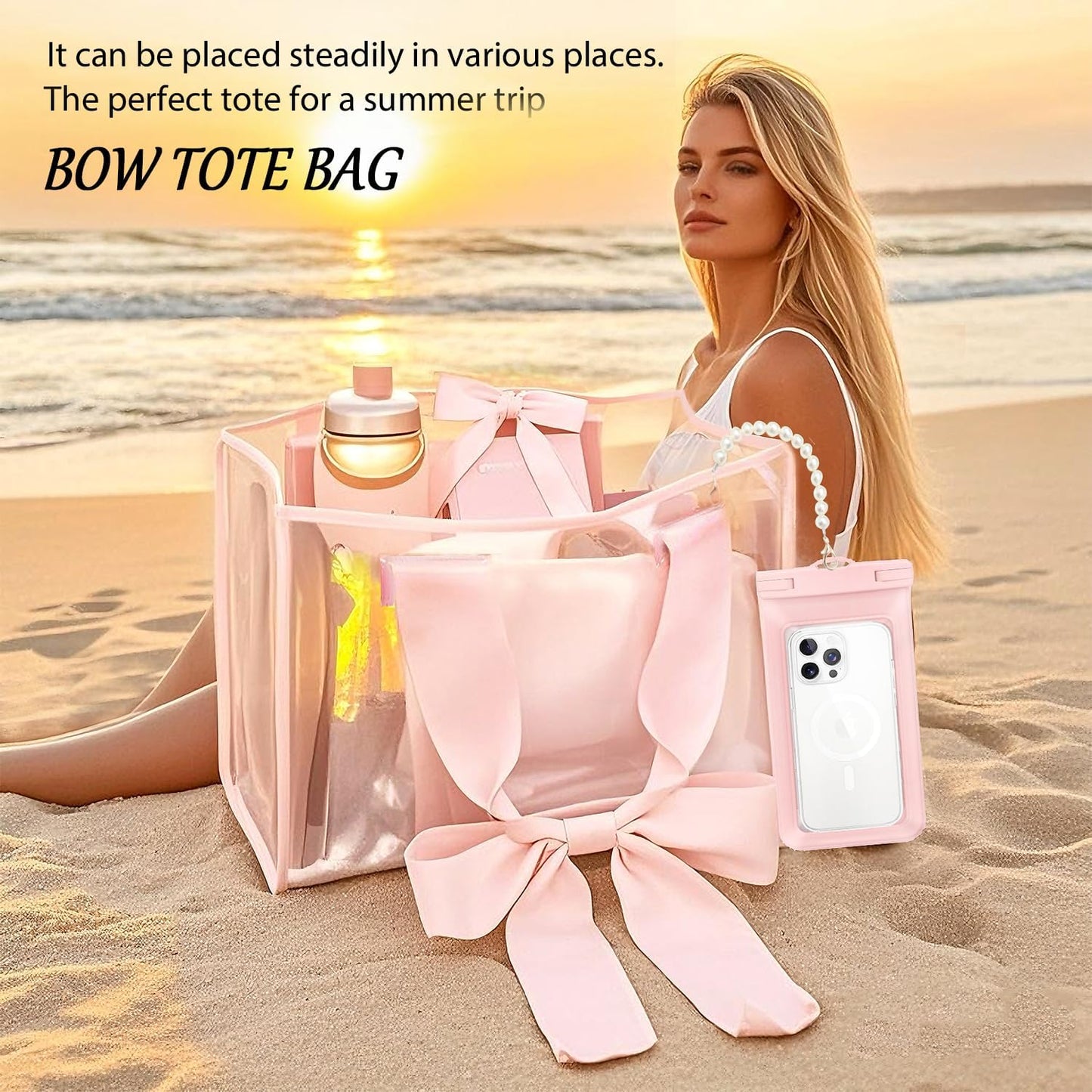 GEVICK Pink Jelly Tote Bag, Bow Tote Bags for Women,Beach Bags for Women,Pool Bags for Girl,Cute Beach Waterproof Tote Bag (PINK)