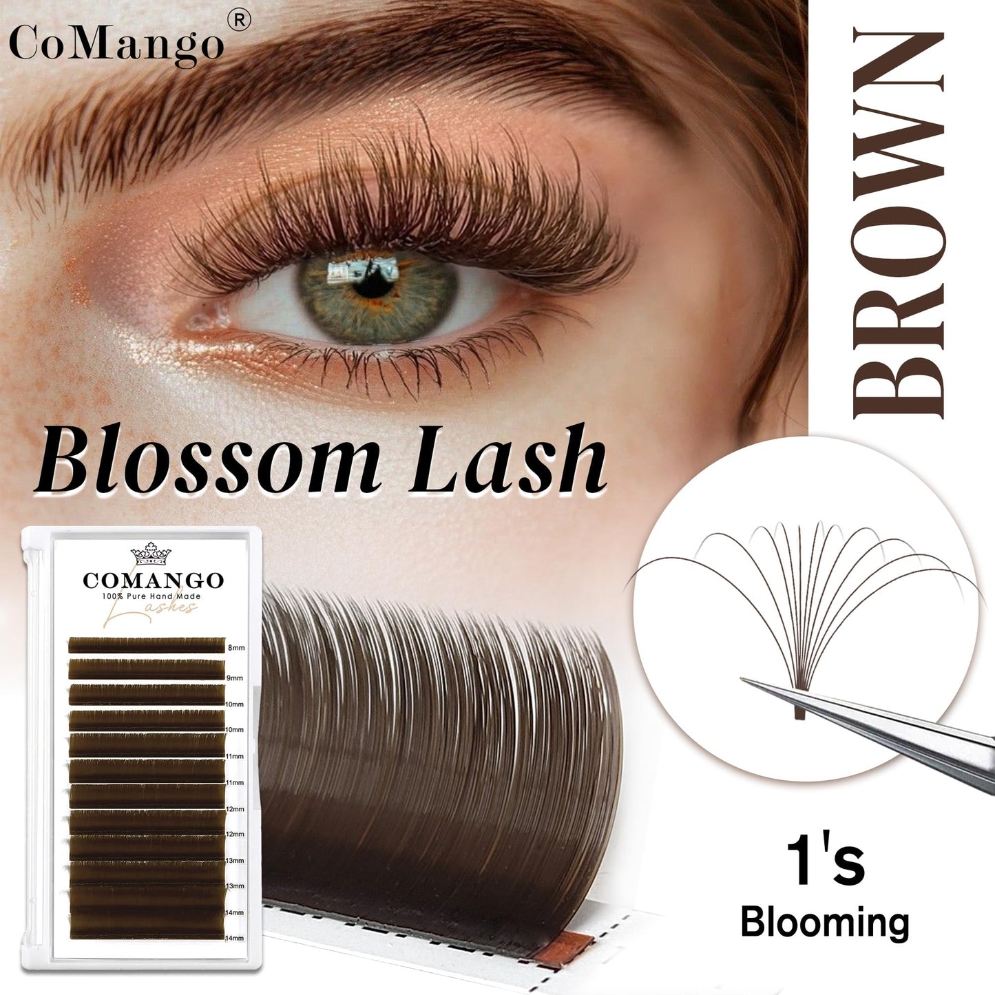 CoMango Dark Brown Easy fan Eyelash Extension Colored Lash Extensions C Curl Easy fan Lashes 8-14mm Mixed Lash Tray Volume Lash Extensions Self Fanning Colored Eyelash Extensions(Brown,0.07-C-8-14MM)