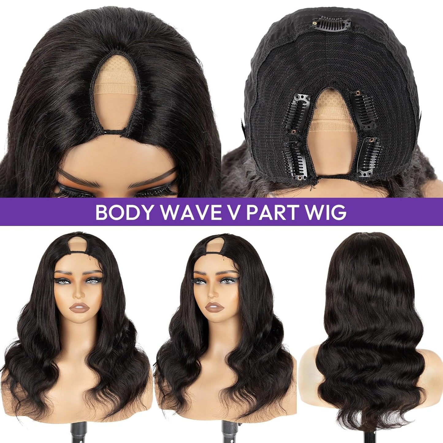 V Part Wig - Human Hair Body Wave Glueless U Part Wig | 200% Density, 18 Inch for Black Women