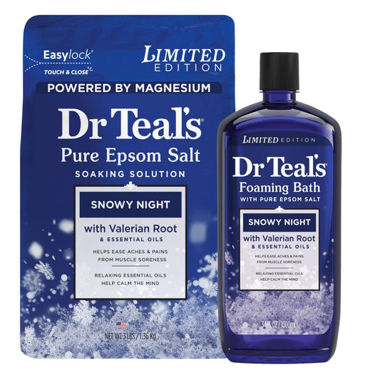 Dr Teal's Snowy Night Limited Edition Set, Pure Epsom Salt 3 lbs and Foaming Bath 34 fl oz, Winter Scented Holiday Set