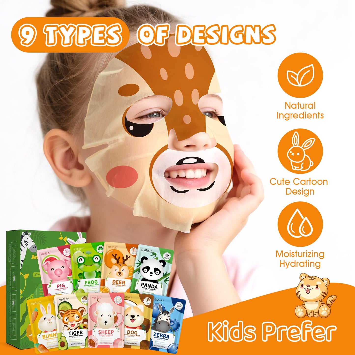 KONEUK 18 Pack Animal Face Mask for Kids, Bulk Sheet Face Masks Skincare for Girls, Collagen Hydrating Face Mask Spa Party Gifts for Teens, Sleepover Party Supplies, Birthday Gifts for Women