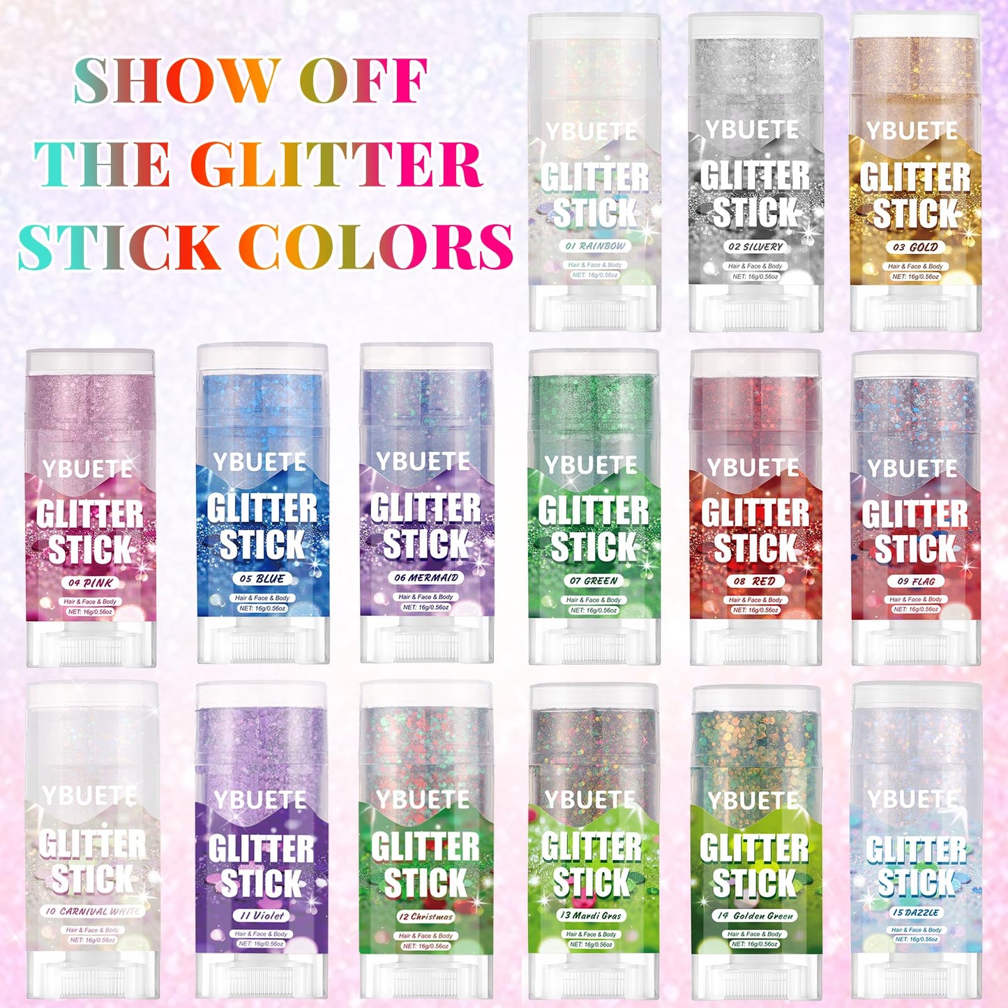 YBUETE Rainbow Face and Body Glitter Stick for Sparkling Makeup, Hair Glitter Accessories for Women, Highlighting Stick for Fairy Dust Makeup, Cheerful Face Glitter for Festive Parties and Carnivals