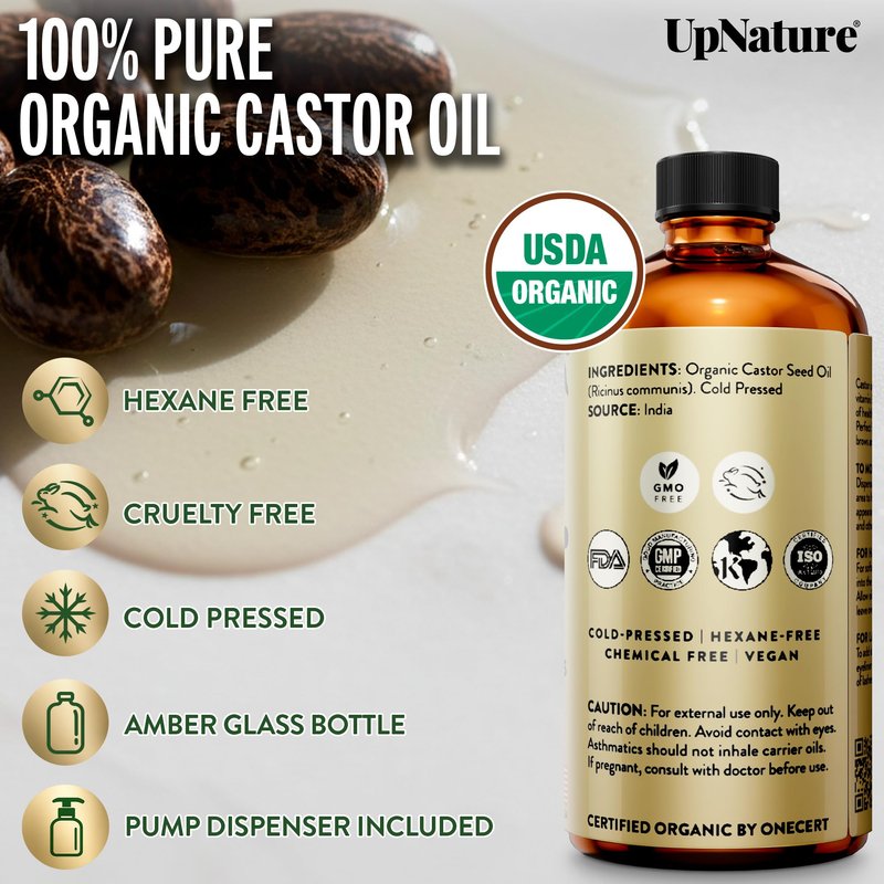 UpNature Organic Castor Oil Cold Pressed Glass Bottle 16oz - 100% Pure USDA Certified, Hexane Free - For Face, Hair & Skin