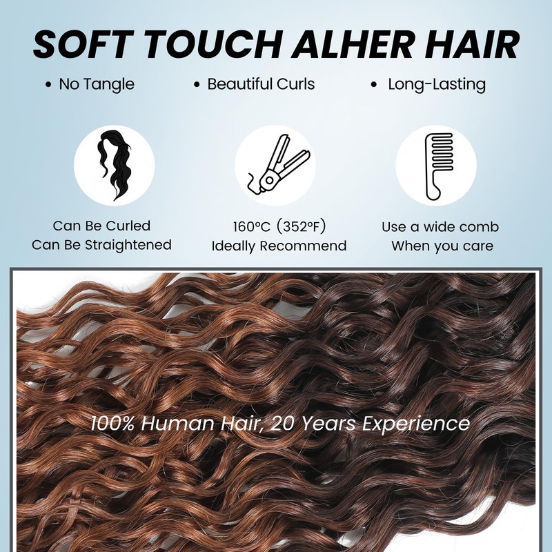 ALHER 12A Ombre Human Hair Bundles Water Wave, Soft Thick Chestnut Brown Ombre Single Curly Bundle Wet and Wavy 100% Virgin Remy Human Hair for Black Women #T1B/2/30 Dark Roots Auburn Sew In 14 Inch